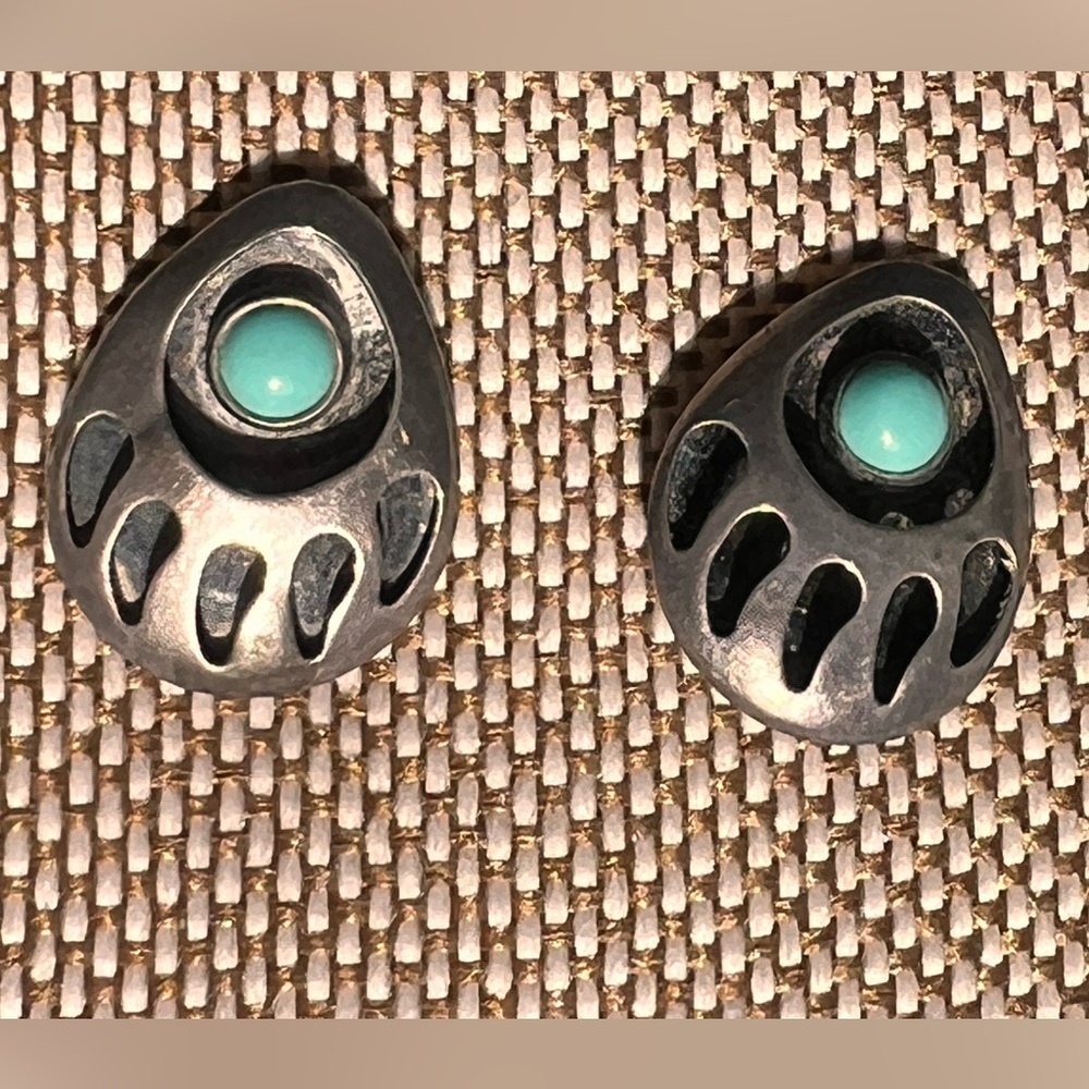 Turquoise Bear Paw Studs, Sterling Silver signed USA 925 earrings